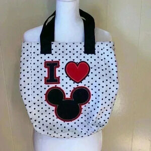 Disney I Love Mickey White with Black Hearts and Red Accents Tote Bag Purse.